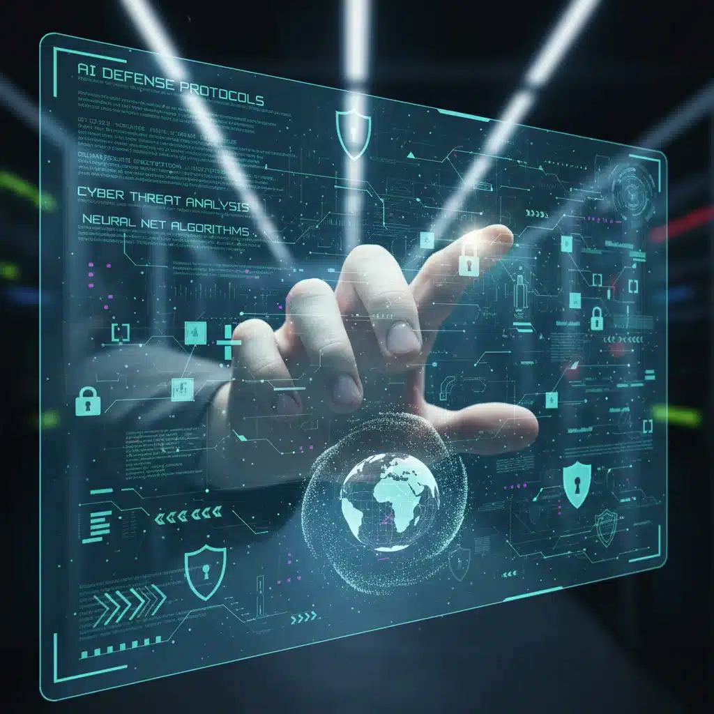 Holographic interface showing AI and cybersecurity data, representing emerging defense technologies.