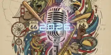 Vintage microphone amidst American historical and cultural symbols, representing top history podcasts.