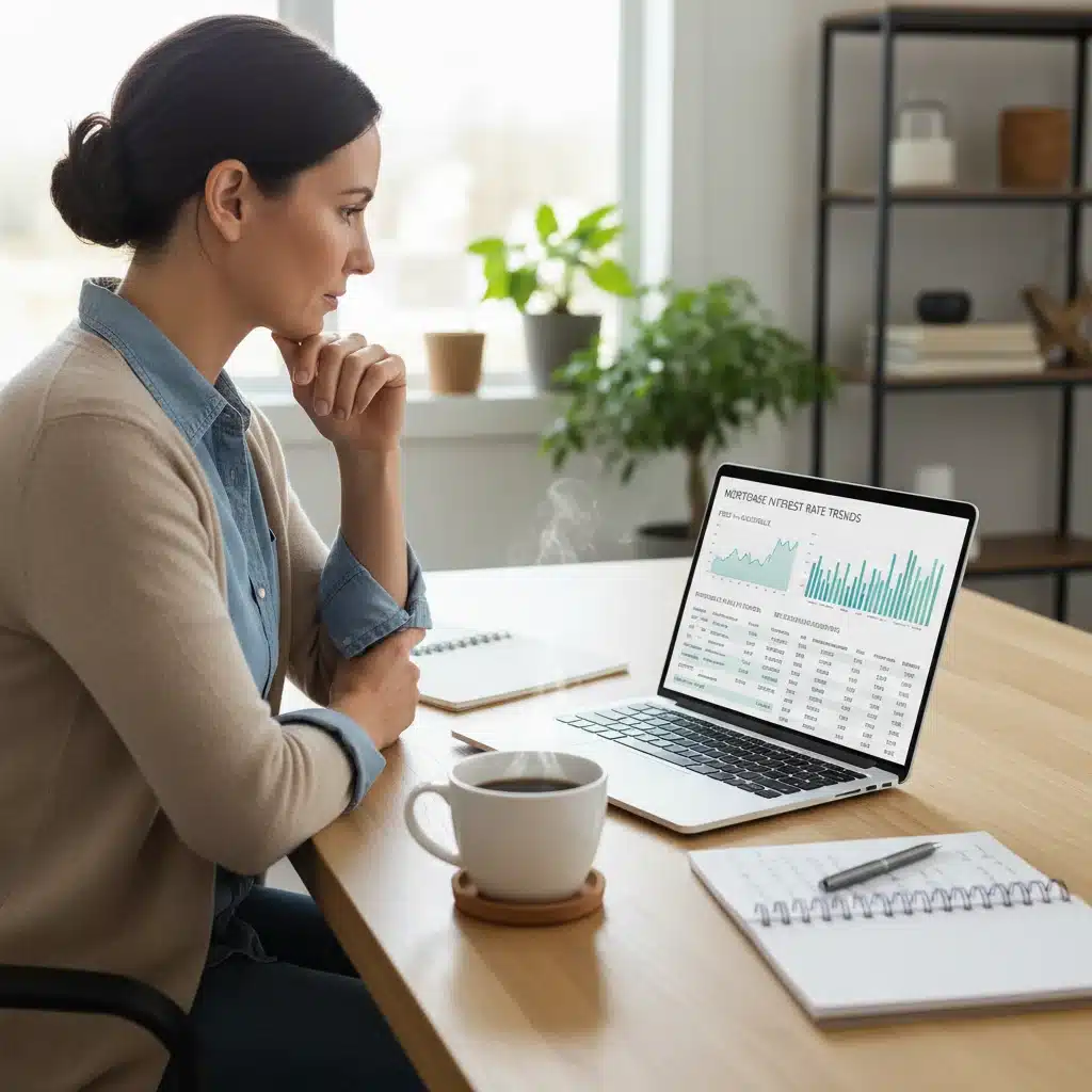 Homeowner analyzing mortgage interest rates on laptop.