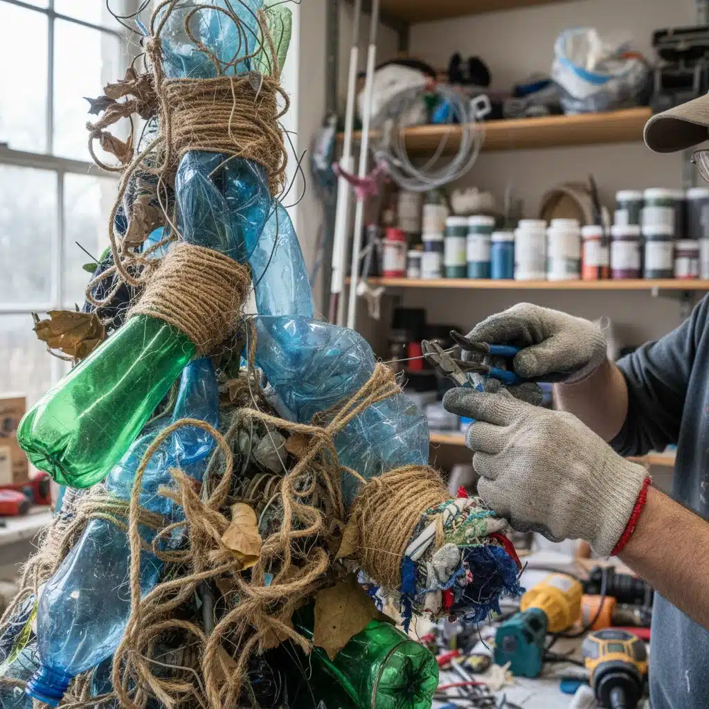 Artist's hands meticulously crafting a mixed-media sculpture from recycled materials, showcasing dedication and innovation.