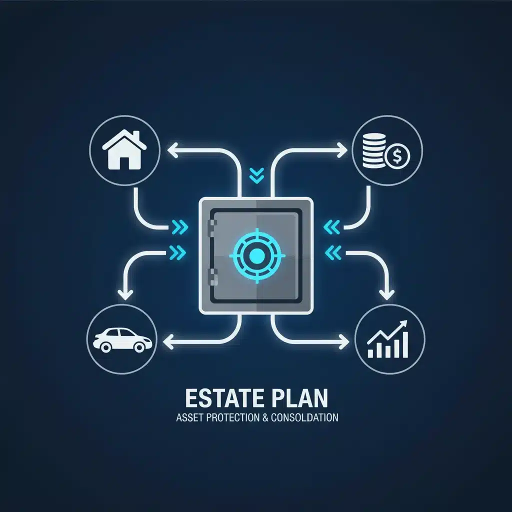 Visual representation of diverse assets protected under an estate plan.