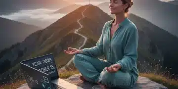 Person meditating at sunrise, symbolizing a balanced lifestyle and work-life harmony in 2026.