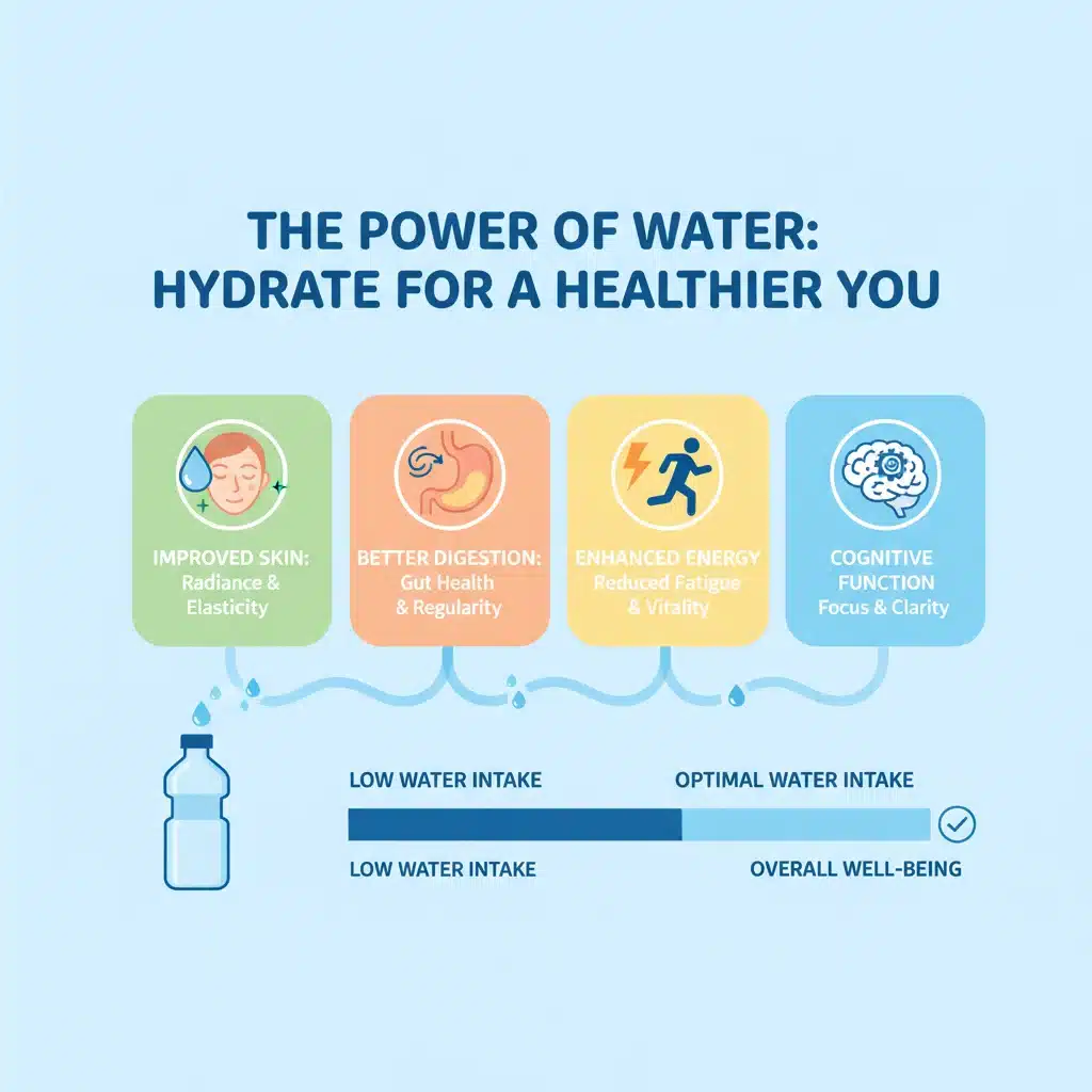 Infographic showing the diverse health benefits of regular water intake