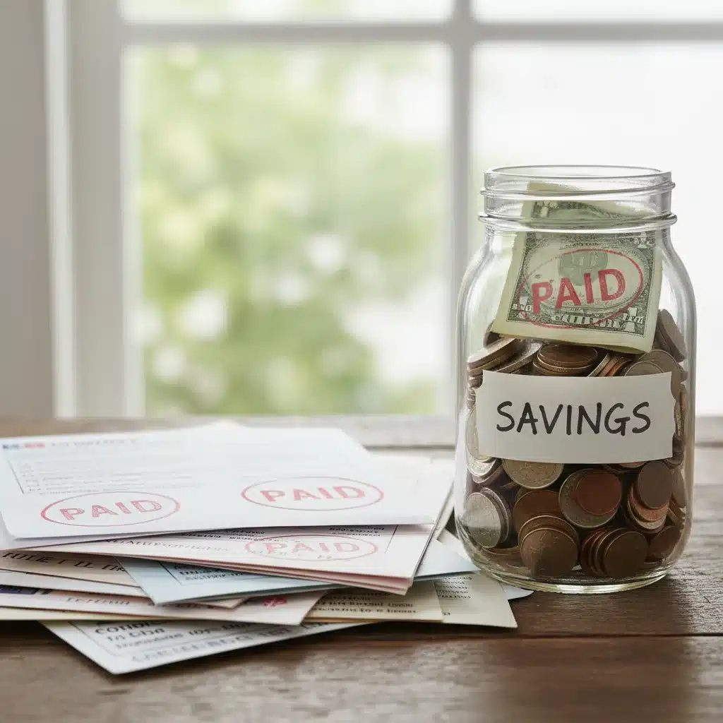Stack of bills and a savings jar