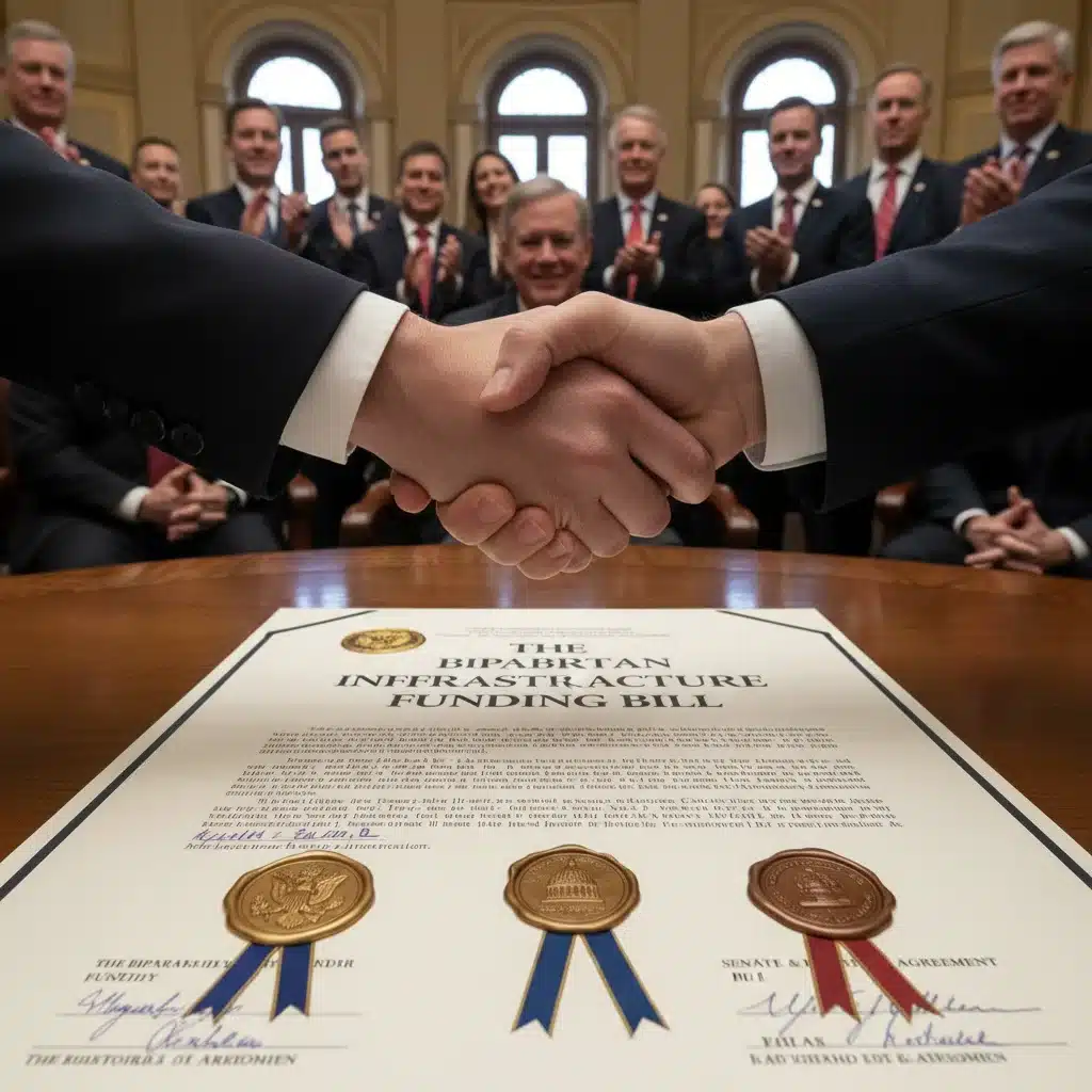 Bipartisan agreement reached on government funding bill, hands shaking over legislative documents.