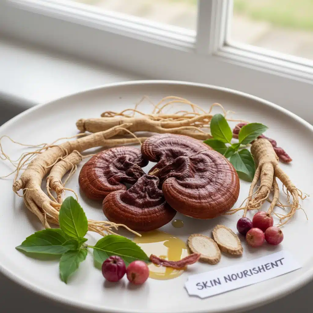 Assortment of botanical adaptogens including reishi, ashwagandha, and ginseng, showcasing natural ingredients for skincare.