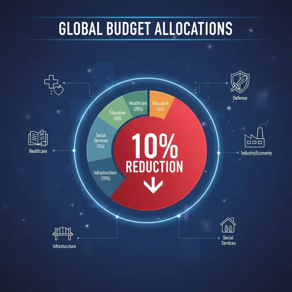 Infographic showing 10% budget cuts across various sectors