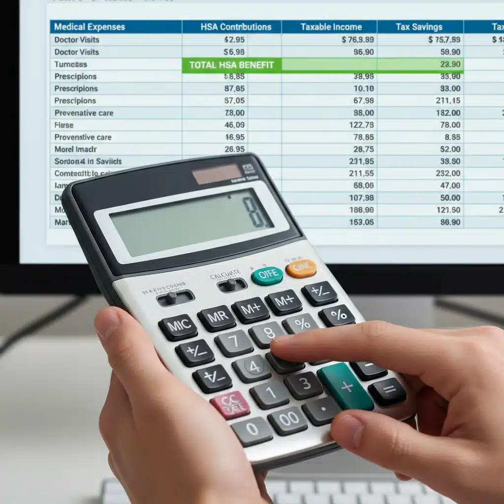 Person calculating HSA benefits and healthcare expenses on a spreadsheet.