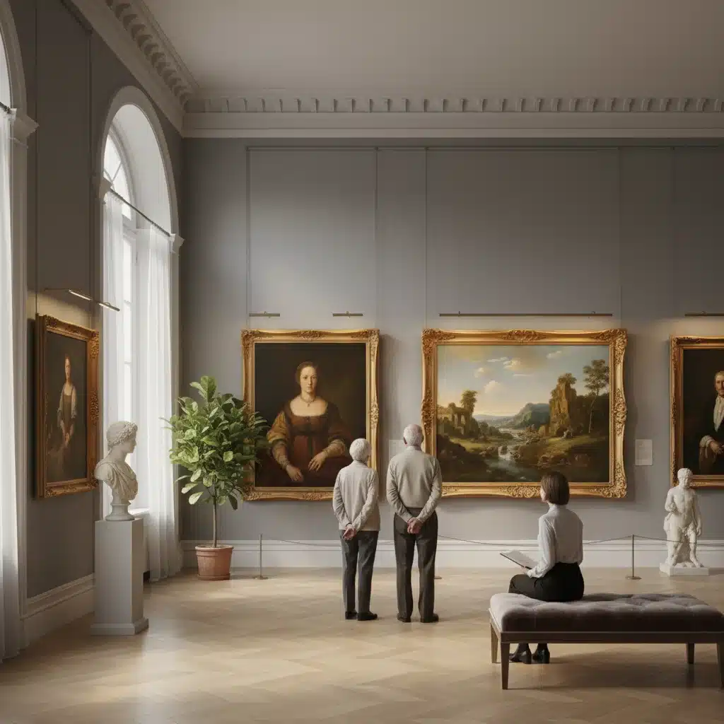 Museum patrons observing classical paintings in a quiet art gallery