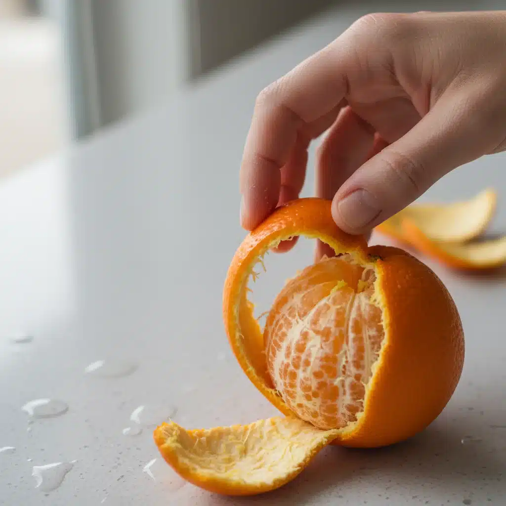 Hand slowly peeling an orange, demonstrating deliberate and conscious engagement with food.