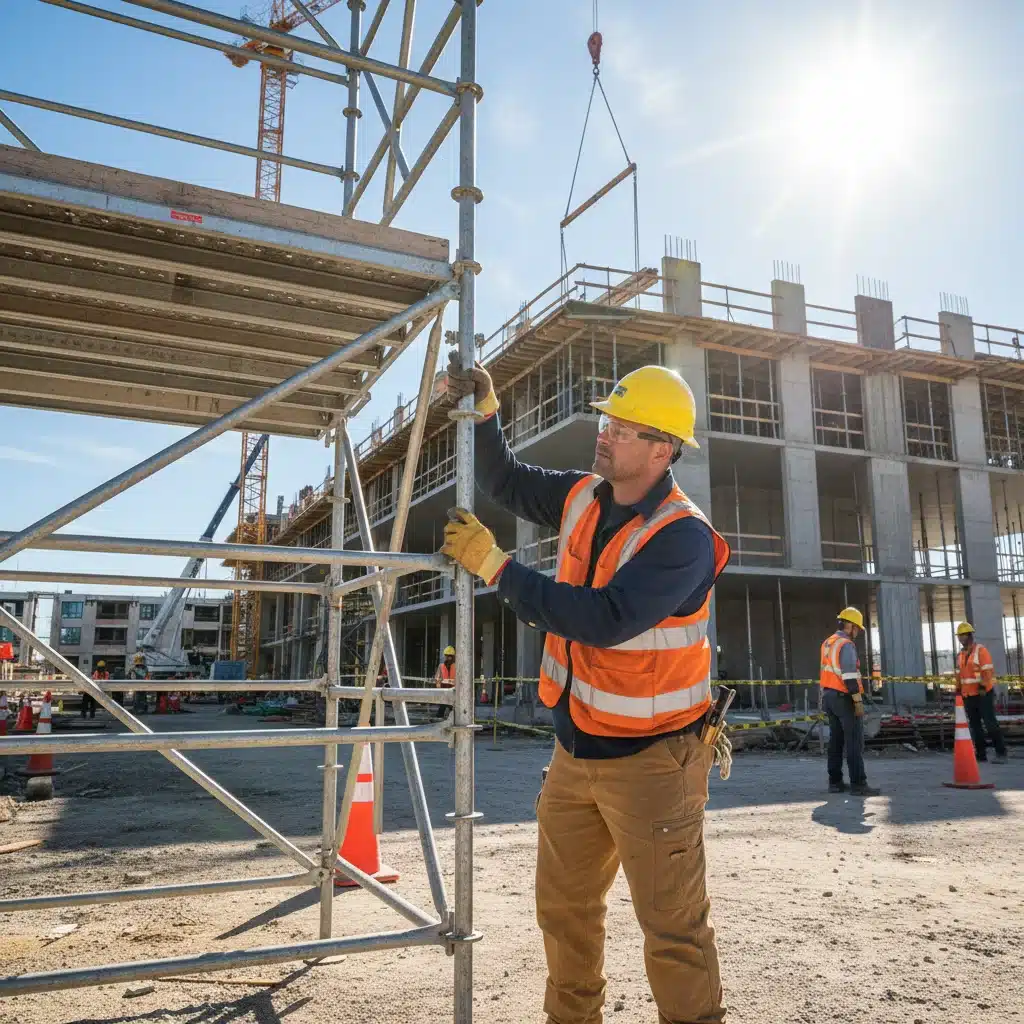 Construction worker inspecting fall protection equipment on a scaffold.