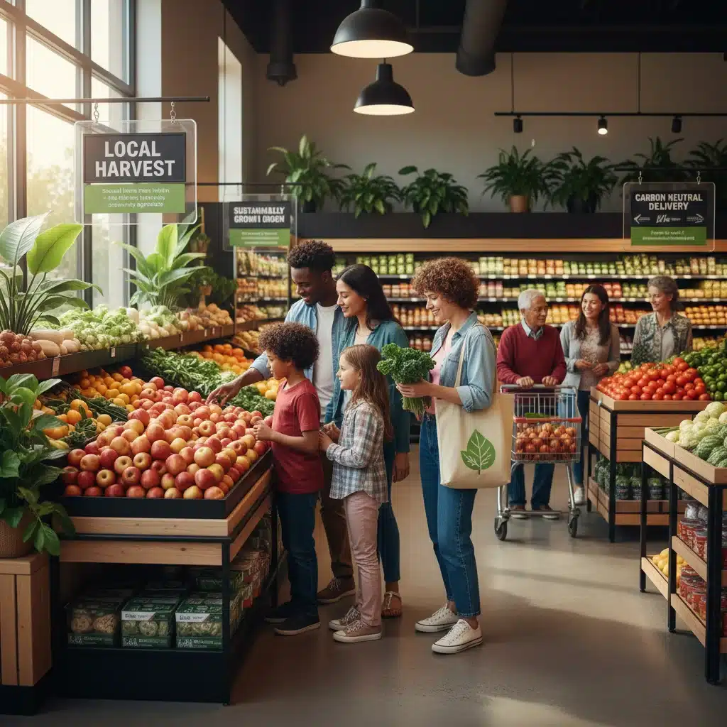 Consumers in a grocery store examining fresh, locally sourced produce, reflecting consumer impact.