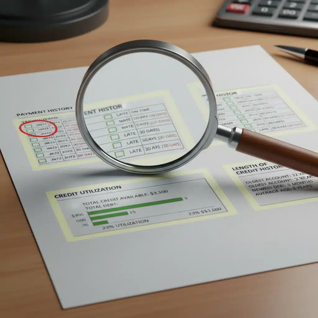 Close-up of a credit report showing payment history and utilization details.