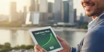 Credit Score Improvement 2026: Boost Your Score by 50 Points in 6 Months Person viewing a positive credit score increase on a tablet, symbolizing financial growth.