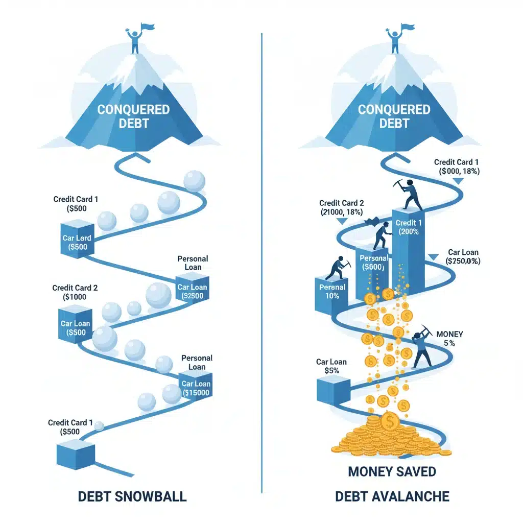 Illustrations comparing debt snowball and debt avalanche strategies for debt reduction.