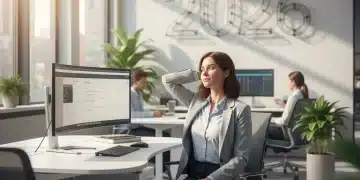 Person performing a neck stretch at a modern office desk in 2026