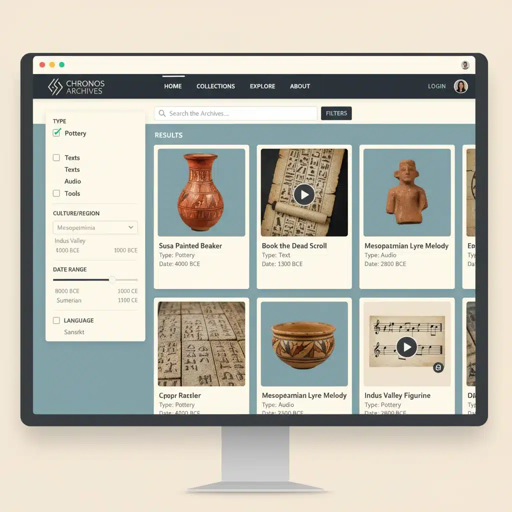 Screenshot of a modern digital archive interface displaying Indigenous artifacts, historical texts, and audio files.