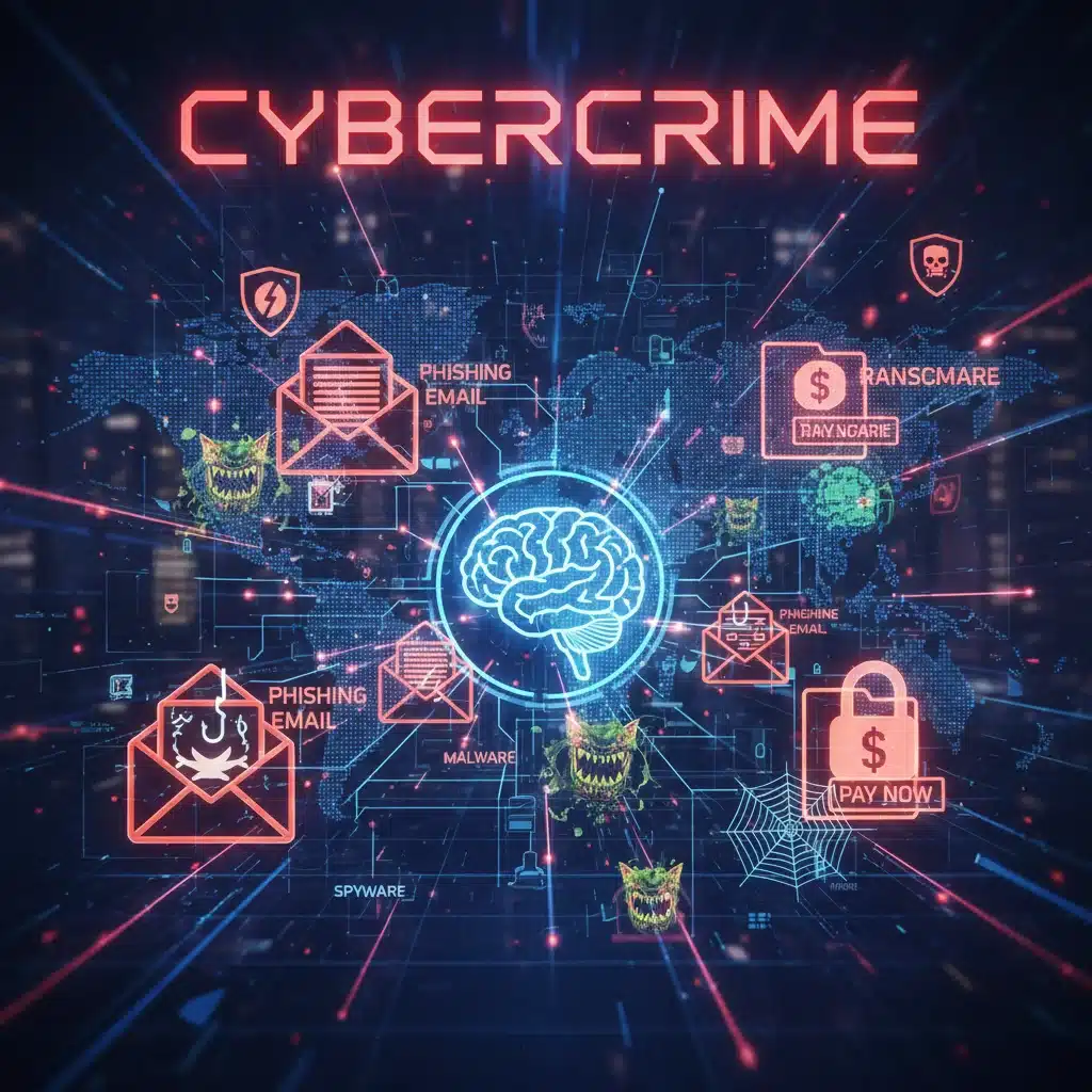 Interconnected networks showing diverse cyber threats like phishing, malware, and ransomware