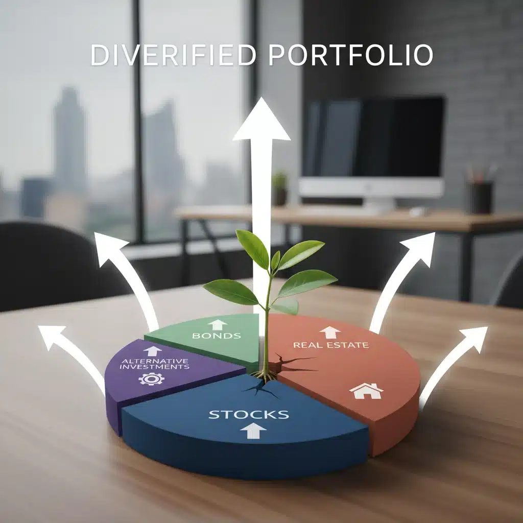 Diversified investment portfolio pie chart showing growth