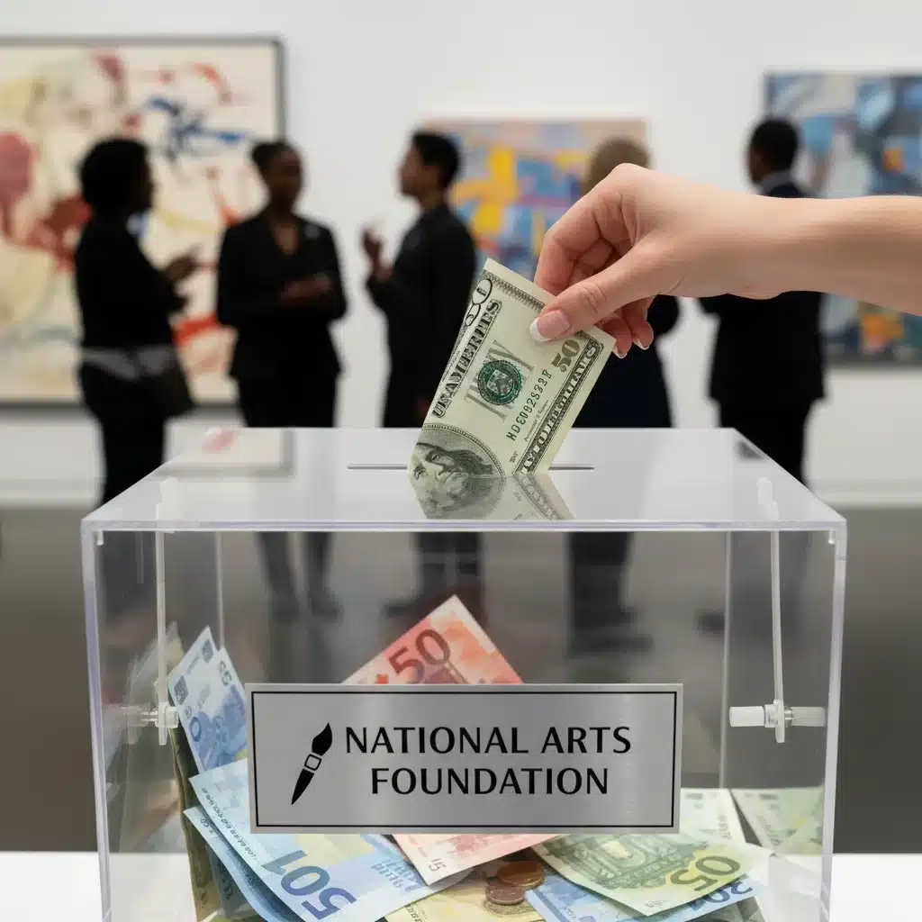 Hand donating money to a National Arts Foundation, symbolizing direct support for cultural programs