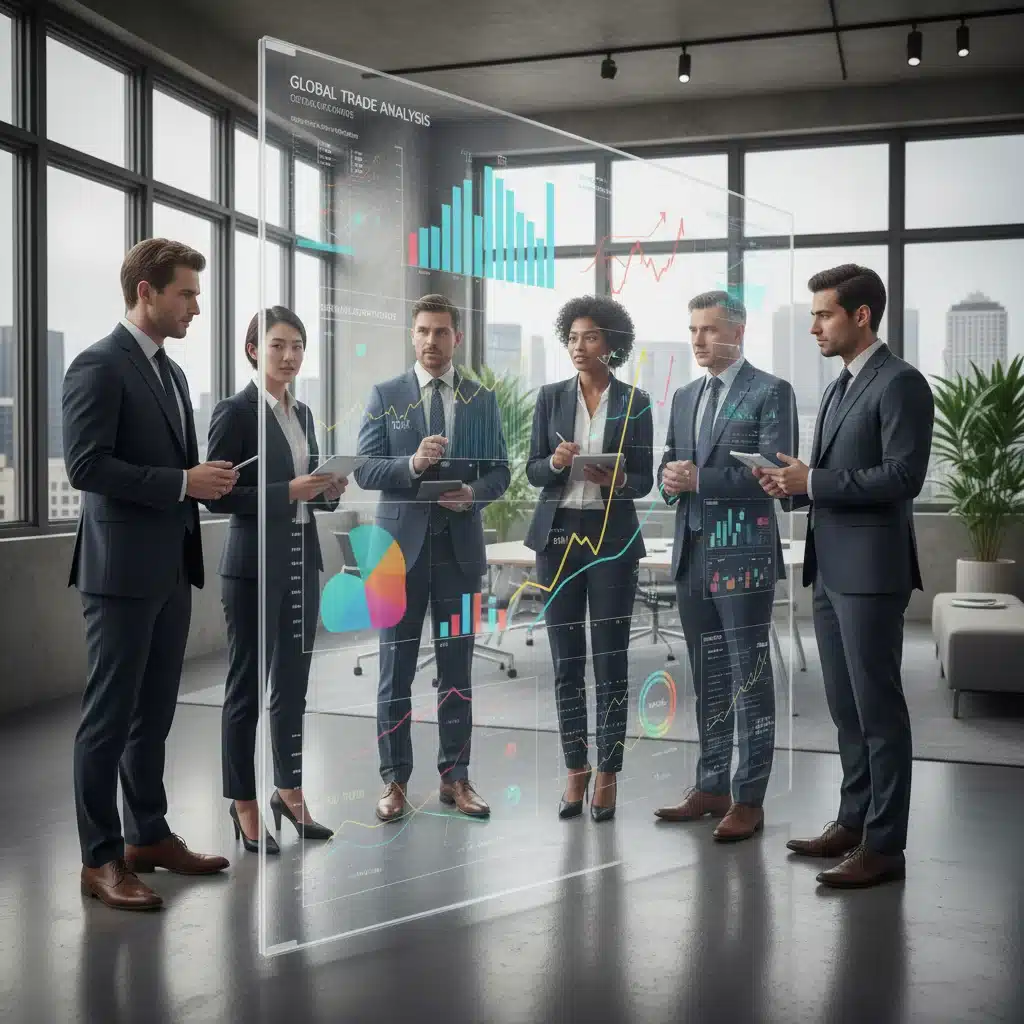 Business team analyzing economic data and trade policies