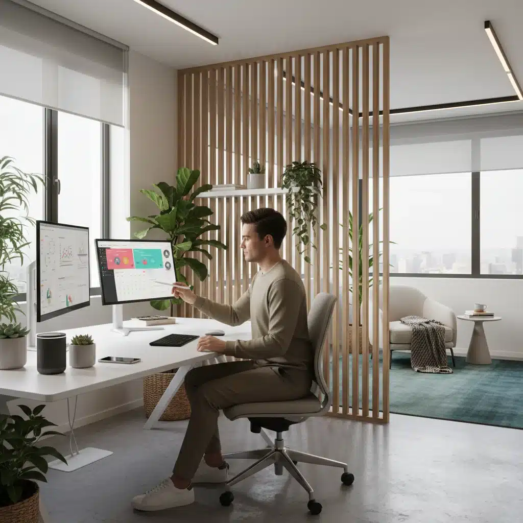 Person focusing on work in a modern home office, illustrating efficient task management and productivity.