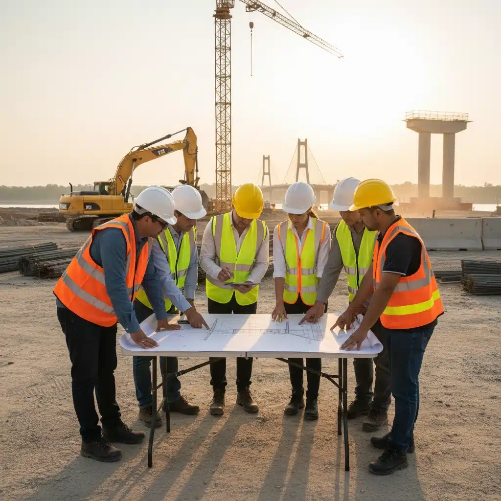 Construction workers and engineers reviewing blueprints on a national infrastructure project site.