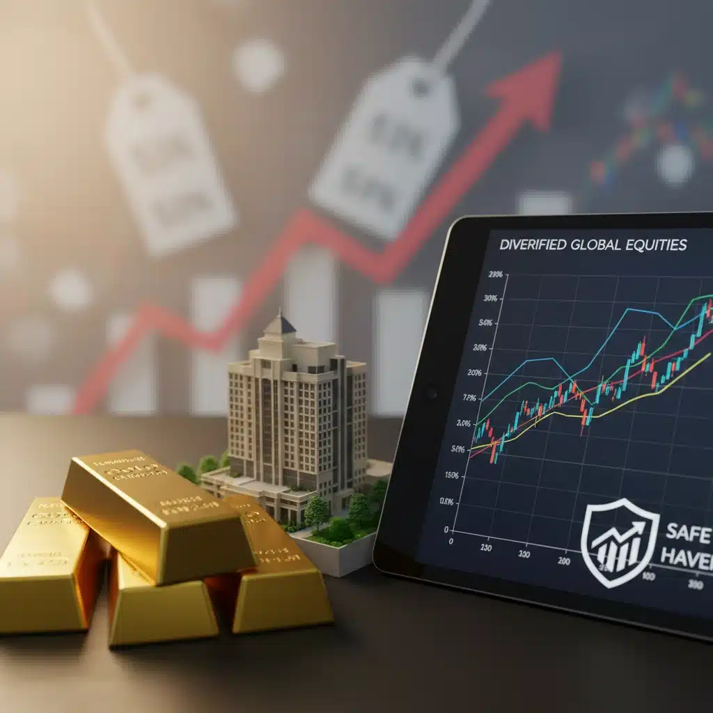 Diversos instrumentos de investimento como ouro, imóveis e ações, simbolizando proteção contra a inflação.