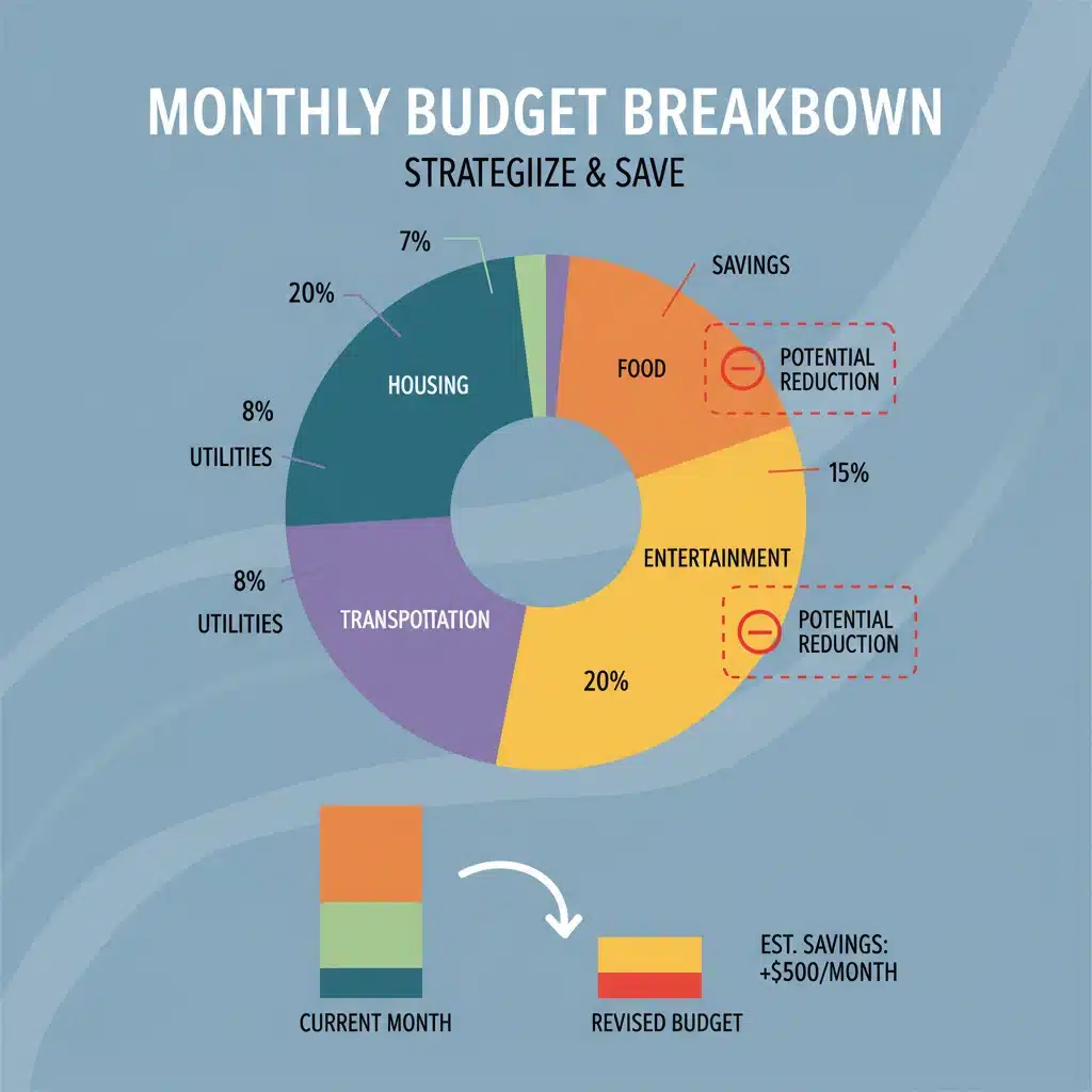Pie chart illustrating personal expense categories and potential savings
