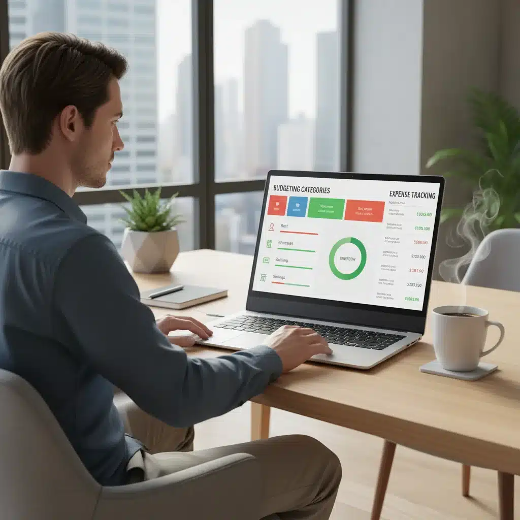 Person tracking expenses on a laptop with budgeting software