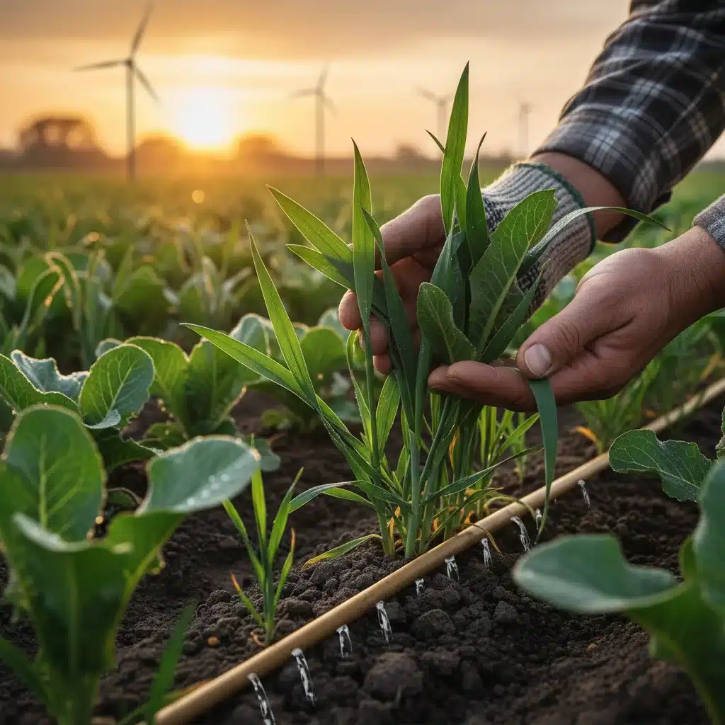 Farmer inspecting healthy green crops, highlighting sustainable agricultural practices.
