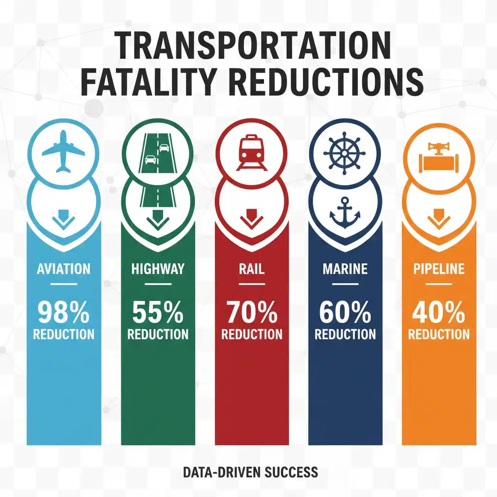 Infographic detailing fatality reductions by transportation sector in the NTSB 2026 Annual Report.