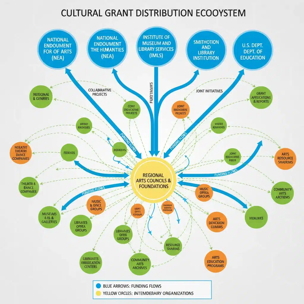 Infographic showing the interconnected network of federal agencies and non-profit organizations for cultural grant distribution.
