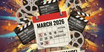 Film reels and clapperboard on a calendar with March 2026 highlighted, symbolizing impending film festival submission deadlines.