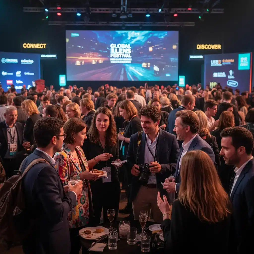 Filmmakers and industry professionals networking at a vibrant film festival event.
