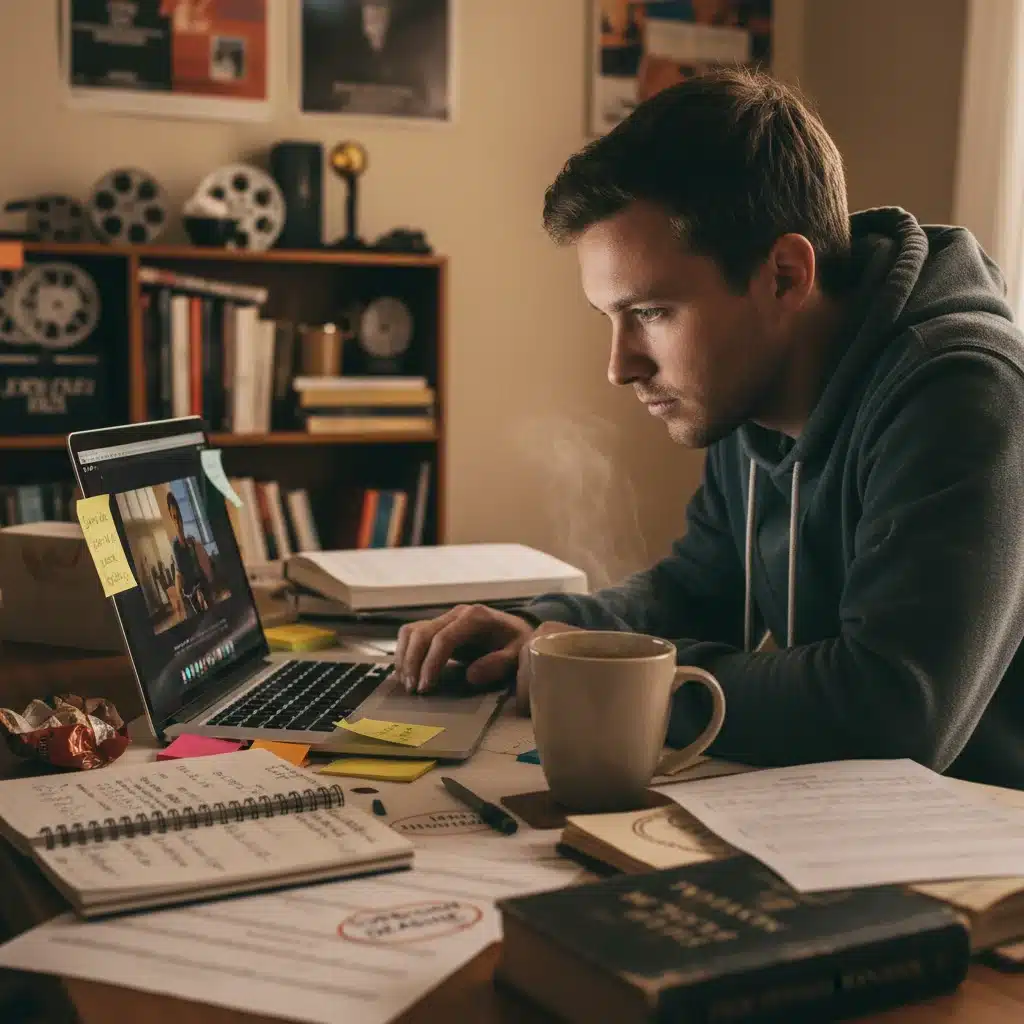 Filmmaker meticulously reviewing film on laptop for festival submission.