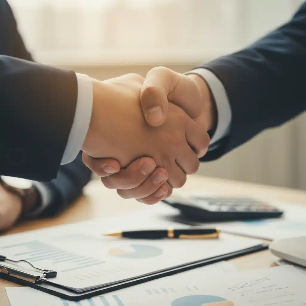 Professional handshake between financial advisor and client over financial documents.