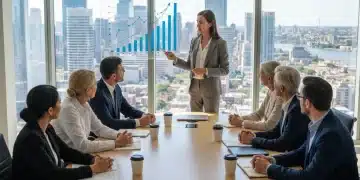 Financial advisor explaining investments to diverse clients in a modern office, symbolizing trust and future planning.