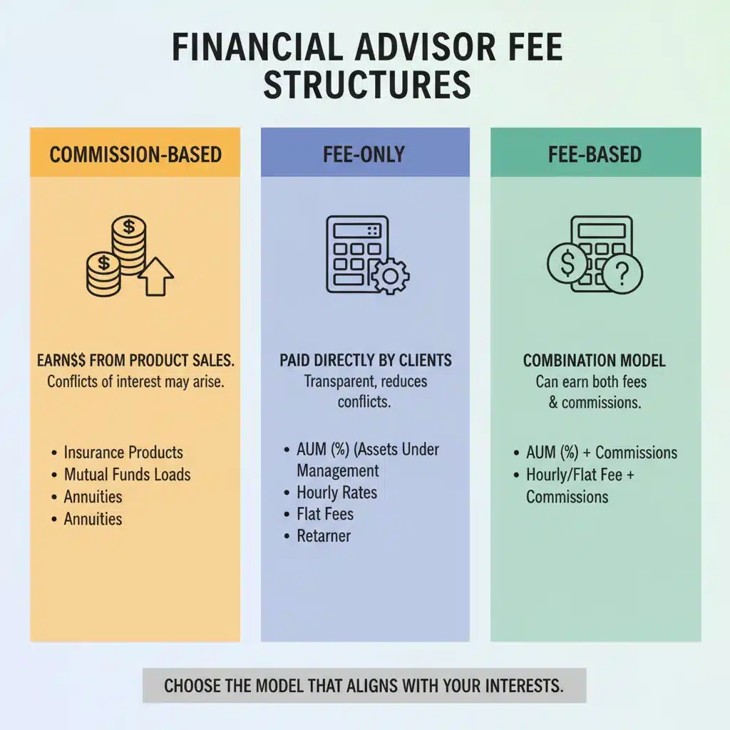 Infographic illustrating various financial advisor fee structures and compensation models.