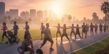 Diverse group exercising outdoors at sunrise, symbolizing a new 3-month fitness plan for optimal health in 2026