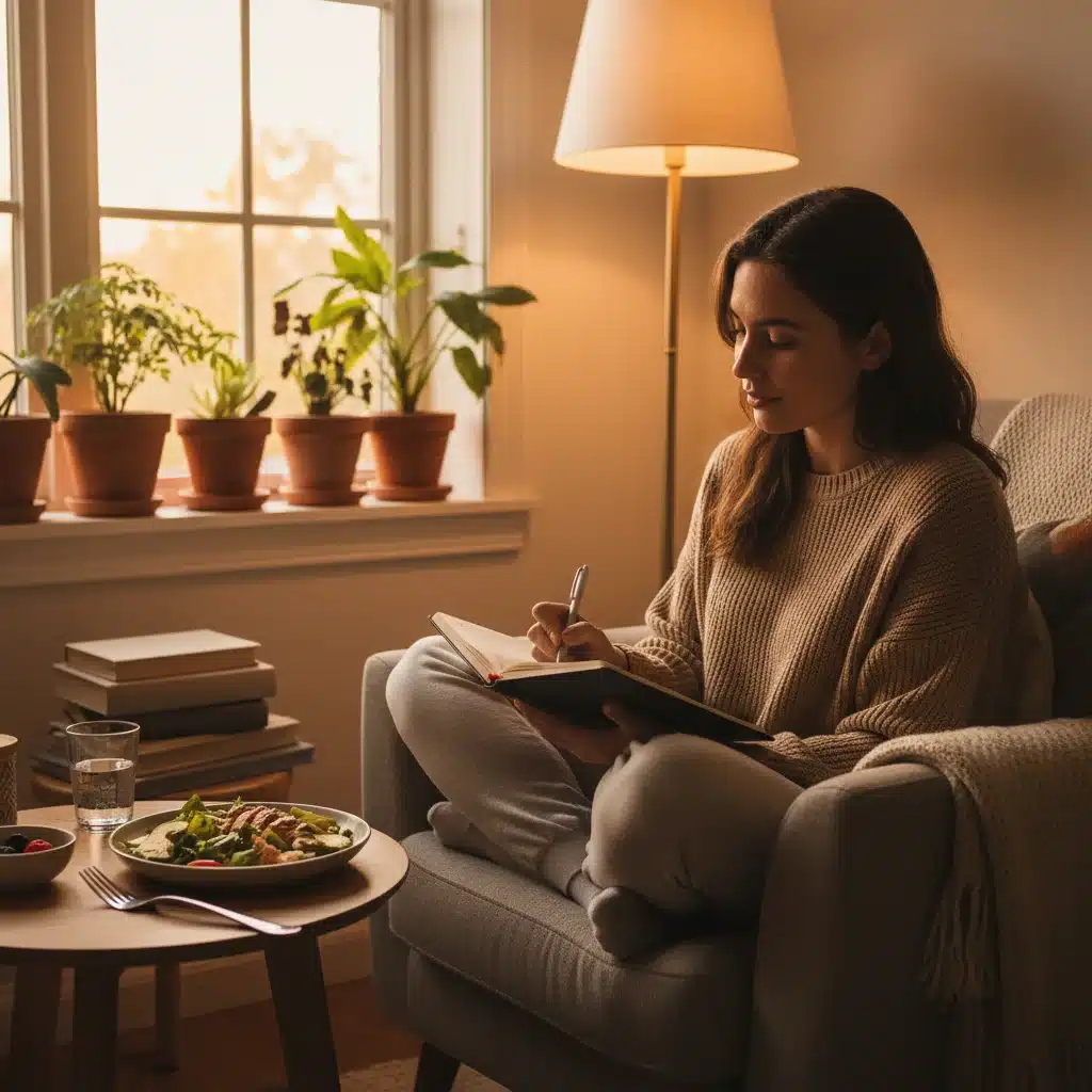Person journaling about their meal and emotions, practicing self-awareness in eating habits.