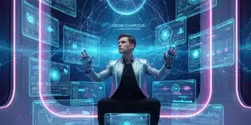 Futuristic musician composing with AI interfaces in a modern studio.