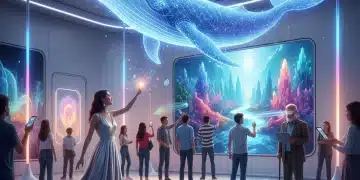 The 2026 Shift: How Digital Art Galleries are Reshaping American Cultural Consumption Visitors exploring a futuristic digital art gallery with holographic and augmented reality displays, showcasing the future of art consumption.