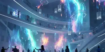 Experiential Art Trends 2026: Immersive Exhibitions Redefining American Galleries Visitors immersed in a futuristic digital experiential art exhibition with glowing projections.