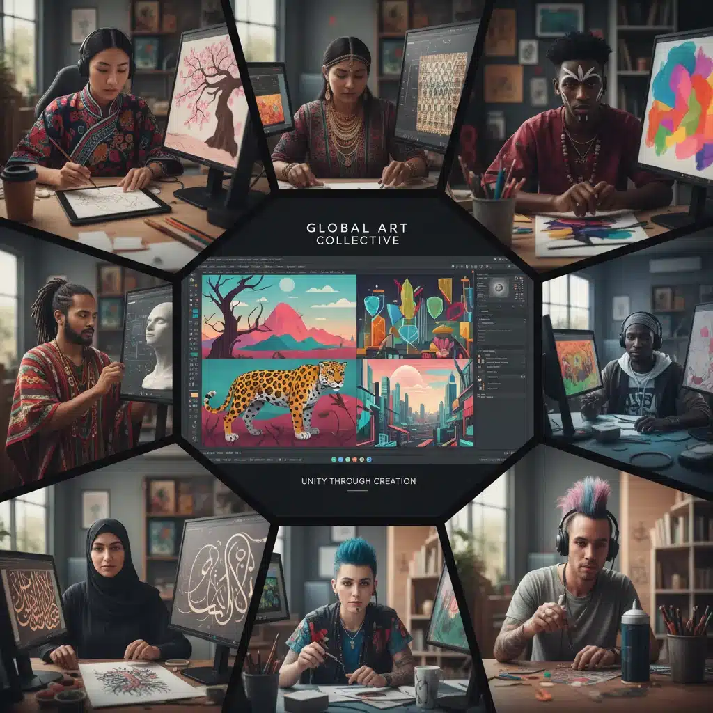 Diverse artists collaborating remotely on a digital art project, highlighting global artistic cooperation and digital creation.