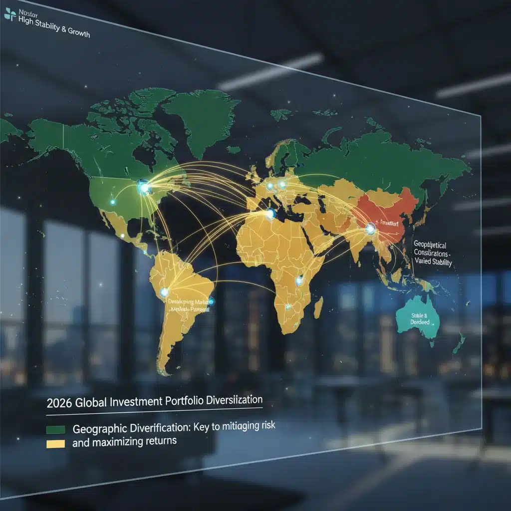 Global map illustrating geographical investment diversification and economic stability