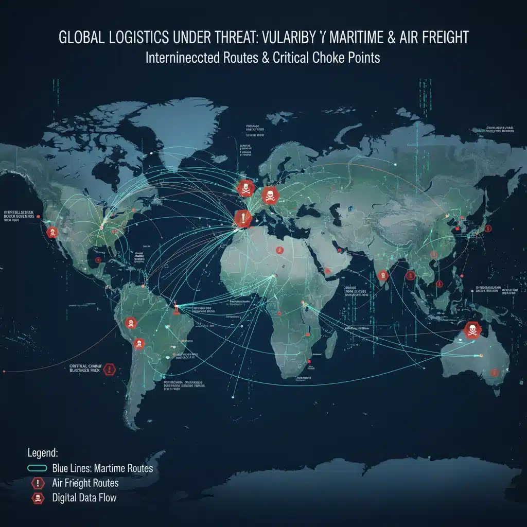 Infographic of global shipping routes with warning signs at choke points, illustrating logistical vulnerabilities.