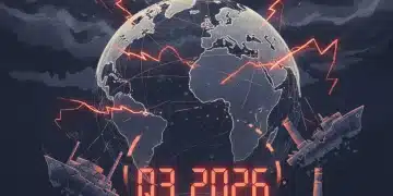 Global supply chain under stress with fractured lines and storm clouds, indicating future disruptions.