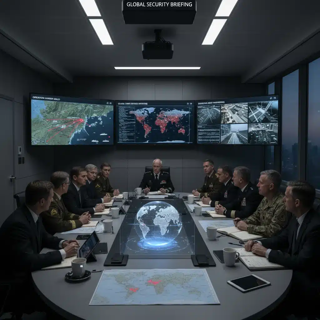 Military and government officials analyzing global security threats in a strategic briefing room.