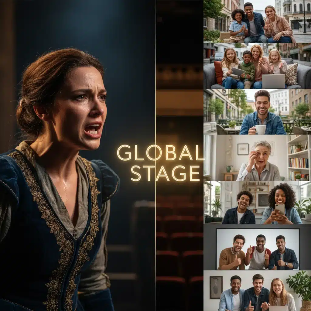 Split screen showing an actor performing and diverse audience members watching virtually, emphasizing global reach.